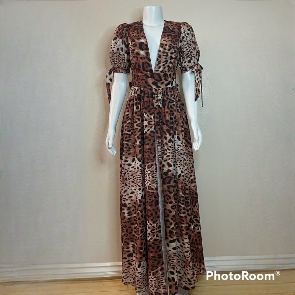 Leopard print short sleeve V-neckline  built in bikini split thigh maxi dress